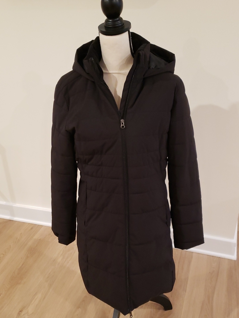 Swiss Tech Hooded Women's Winter Black Puffer Jacket Mid-Length